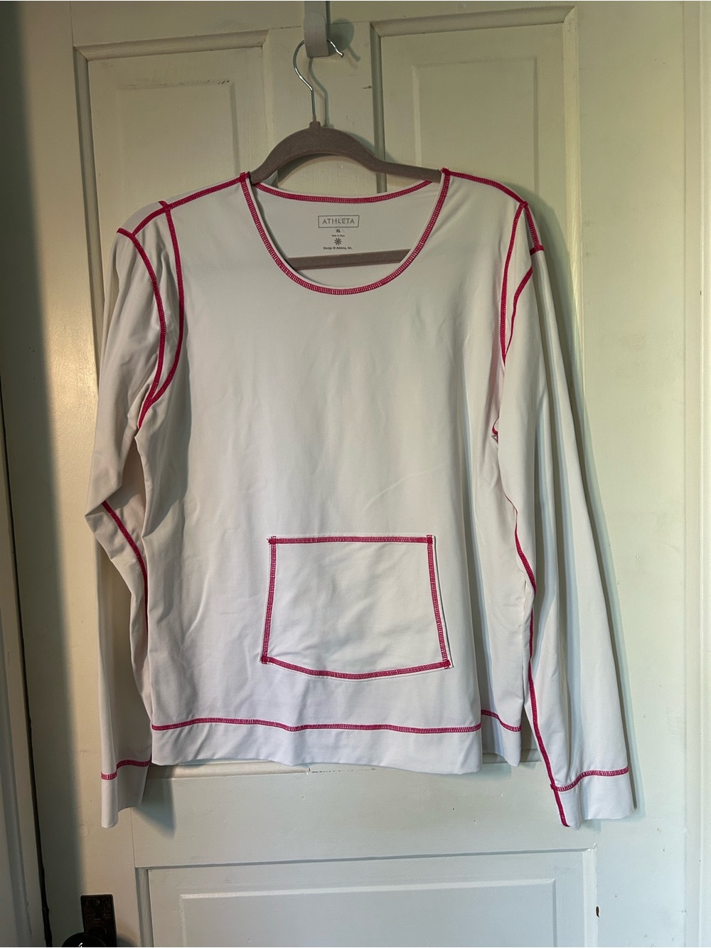 Athleta White Long-Sleeve Pullover with Pink Contrast Stitching